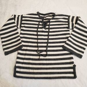 Women's White and Gray Striped Lace Up Sweater
